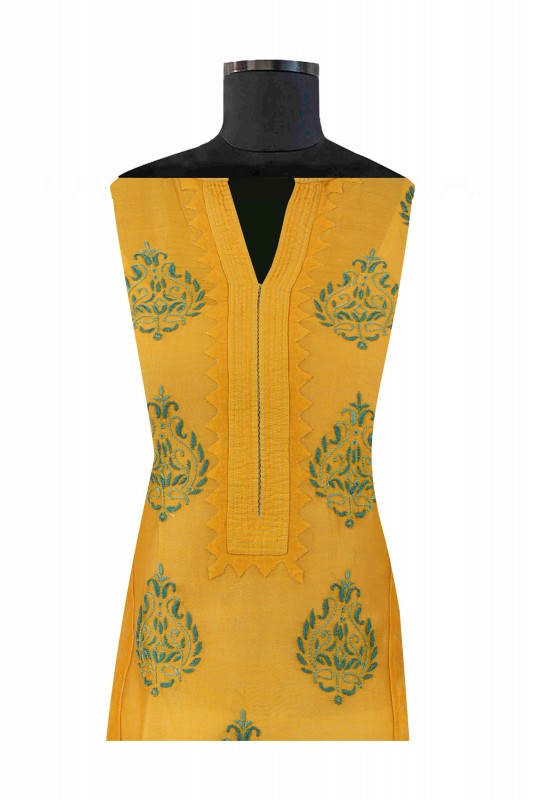 Ada Hand Embroidered Bright Yellow Chanderi Lucknowi Chikankari Unstitched Kurta Dupatta Set A320092
