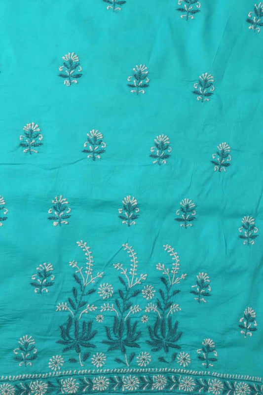 Ada Hand Embroidered Sea Green/Cream Cotton Lucknowi Chikan Unstitched Suit Piece-A478841