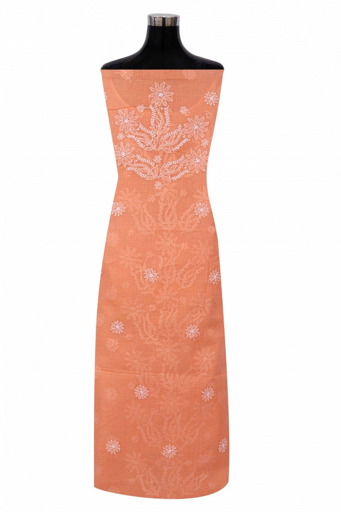 Ada Hand Embroidered Peach Kota Lucknowi Chikan Unstitched Kurta Dupatta Set A596911
