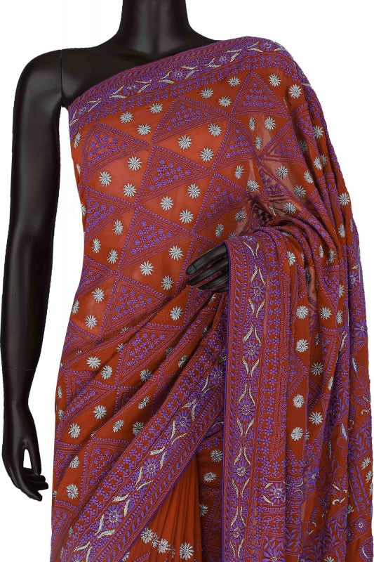 Ada Hand Embroidered Rust Pure Georgette Lucknow Chikan Saree with Blouse A108710