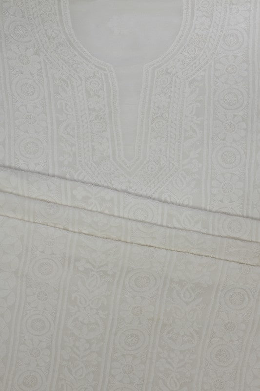Ada Hand Embroidered White Georgette Lucknowi Chikan Unstitched Kurta Piece- A621926