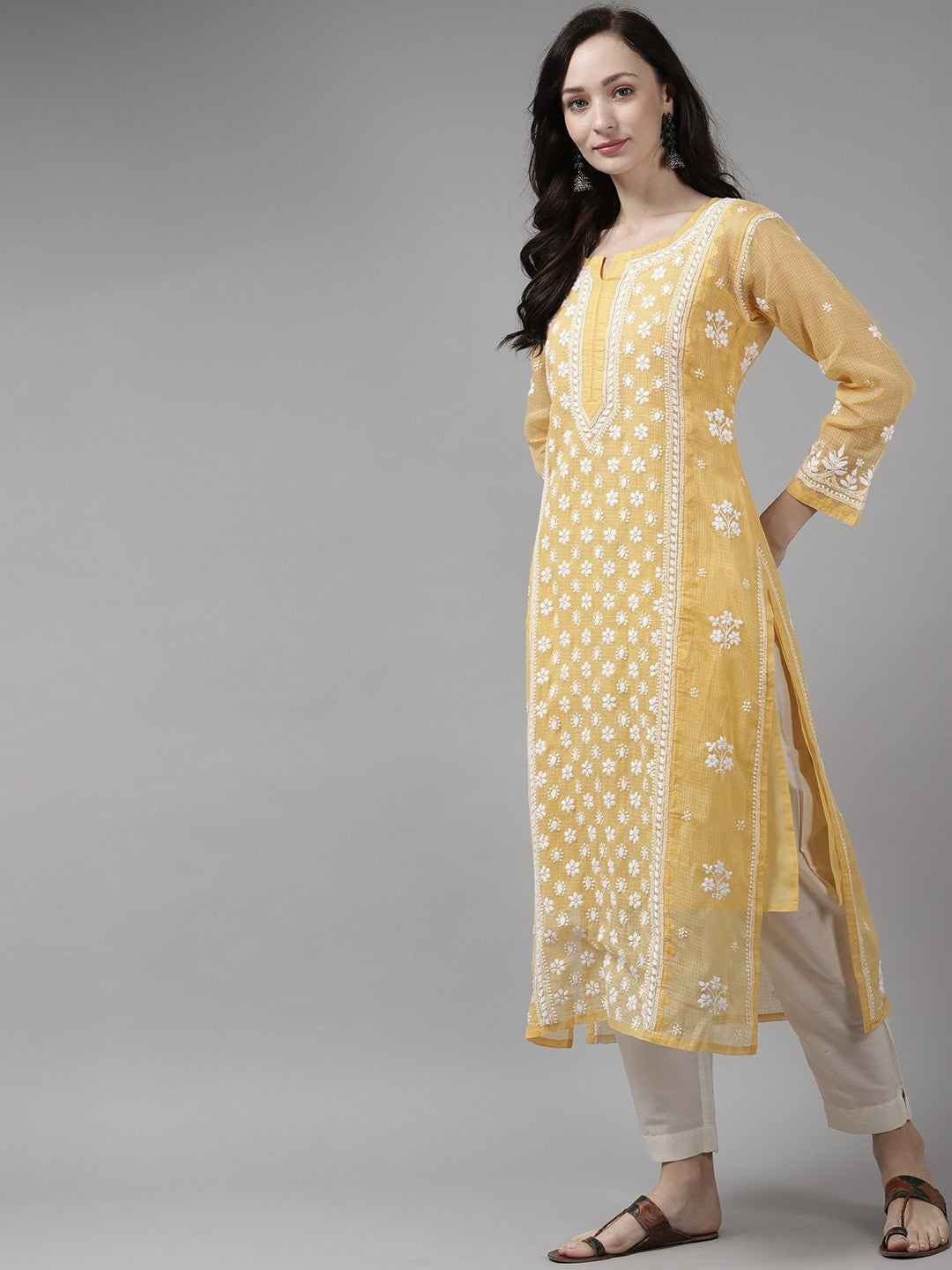 Ada Hand Embroidered Fawn Kota Lucknow Chikankari Kurta With Slip-A411306