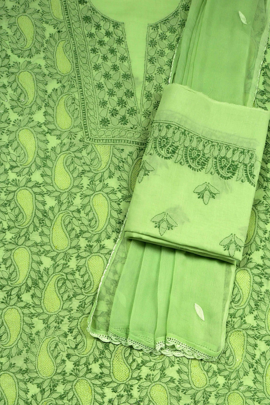 Ada Hand Embroidered Green Cotton Lucknowi Chikankari Unstitched Suit Piece 01A137022