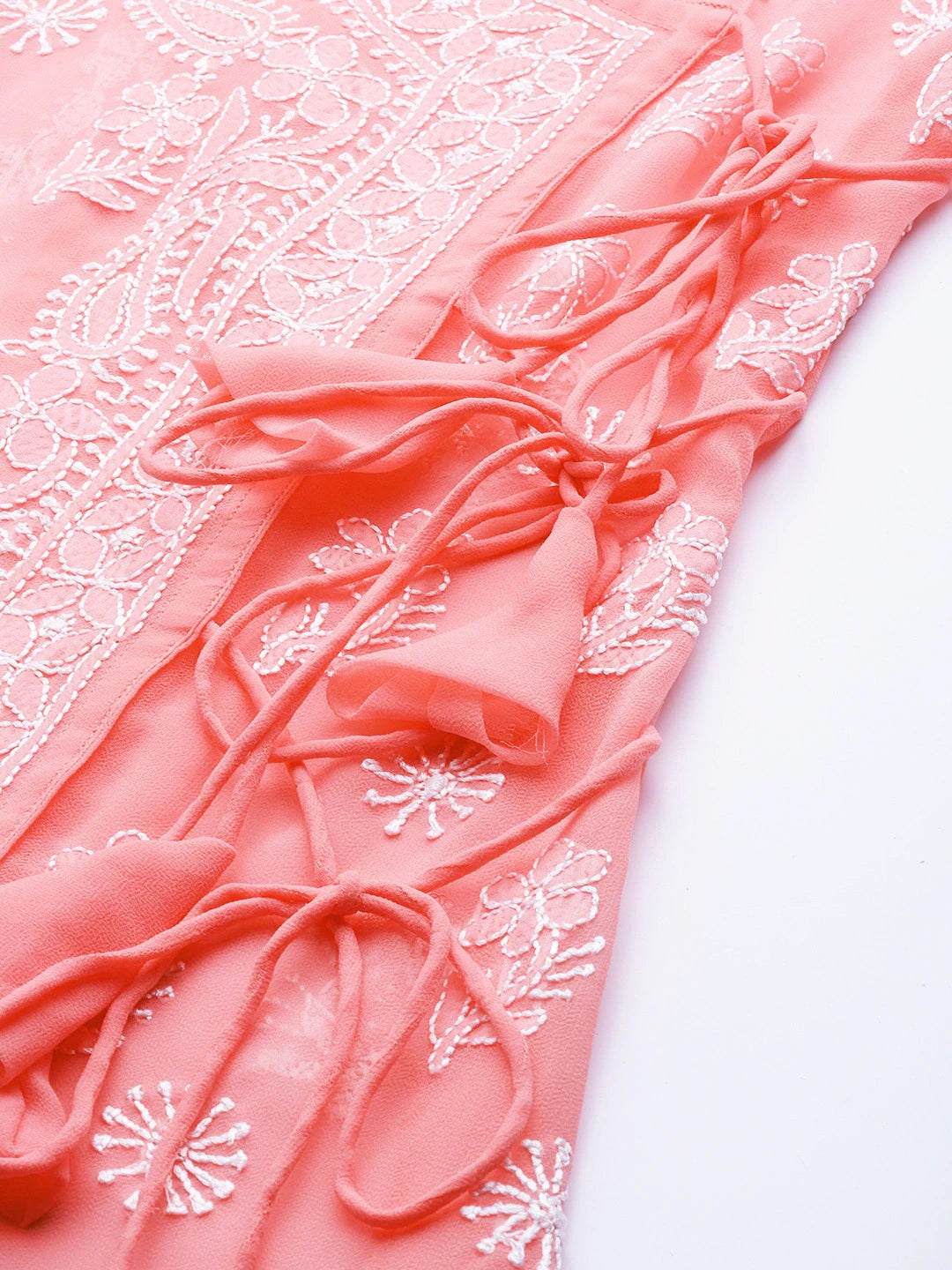 Ada Hand Embroidered Peach Georgette Lucknow Chikankari Angarkha Kurta with Slip A411261