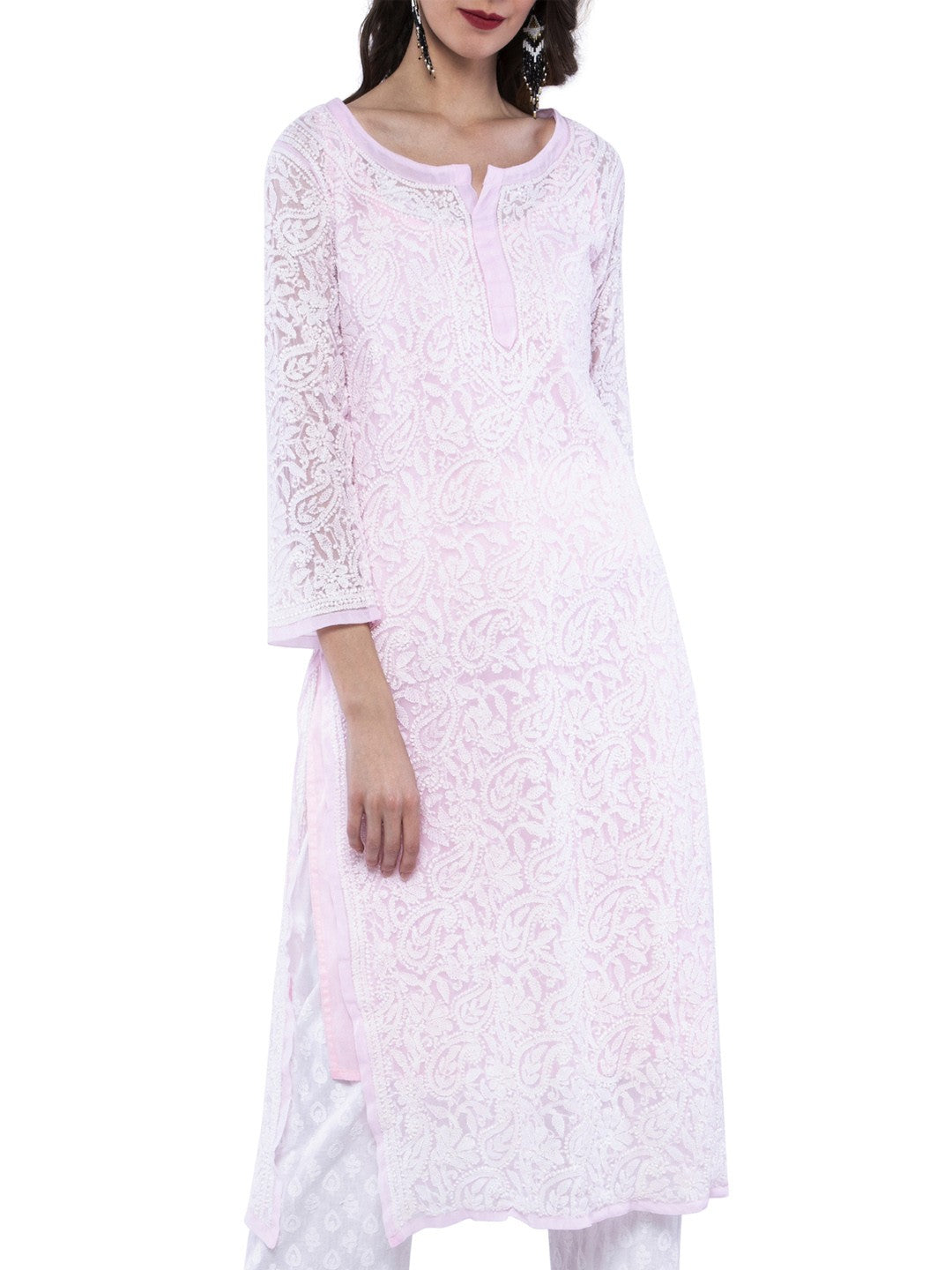 Ada Hand Embroidered Pink Georgette Lucknowi Chikankari Straight Kurta A158881