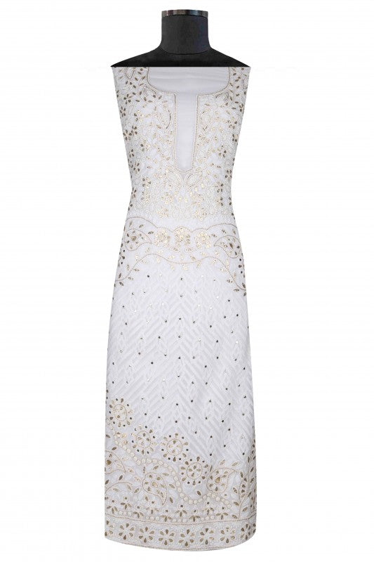 Ada Hand Embroidered White Georgette Lucknowi Chikan Unstitched Kurta Dupatta Set with Gotapatti & Zari Work A336652
