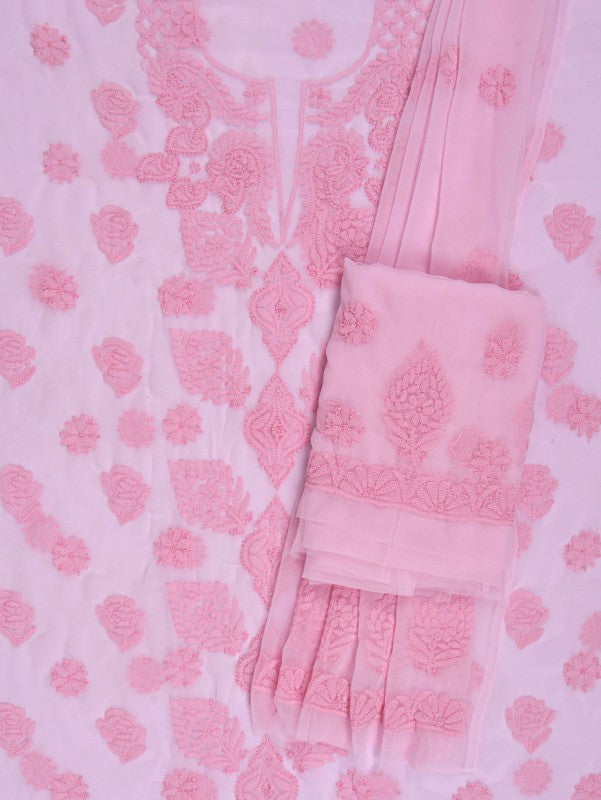 Ada Hand Embroidered Baby Pink Georgette Lucknowi Chikan Unstitched Suit Piece A211228