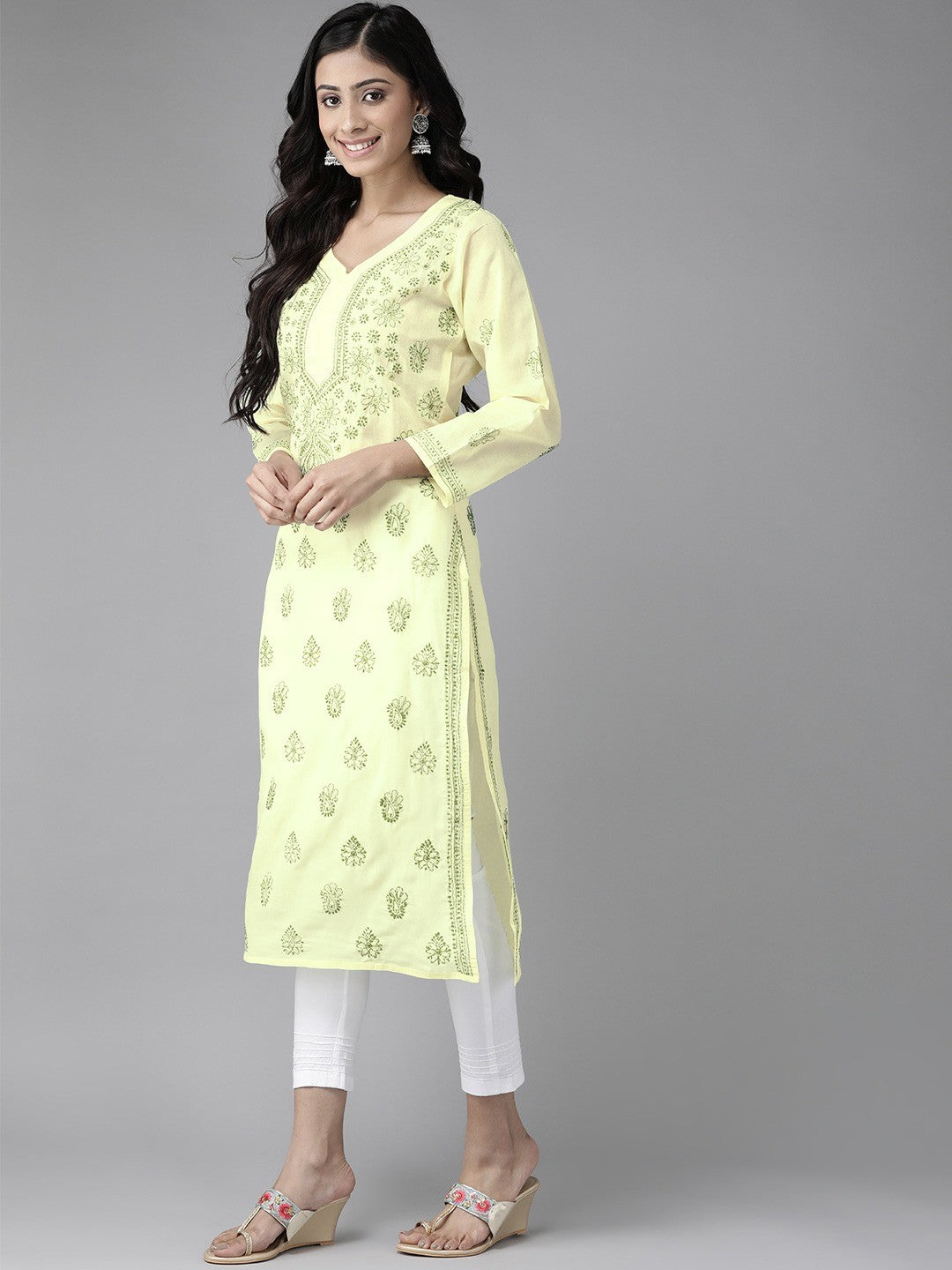 Ada Hand Embroidered Lemon Cotton Lucknowi Chikankari Kurta Set A811183
