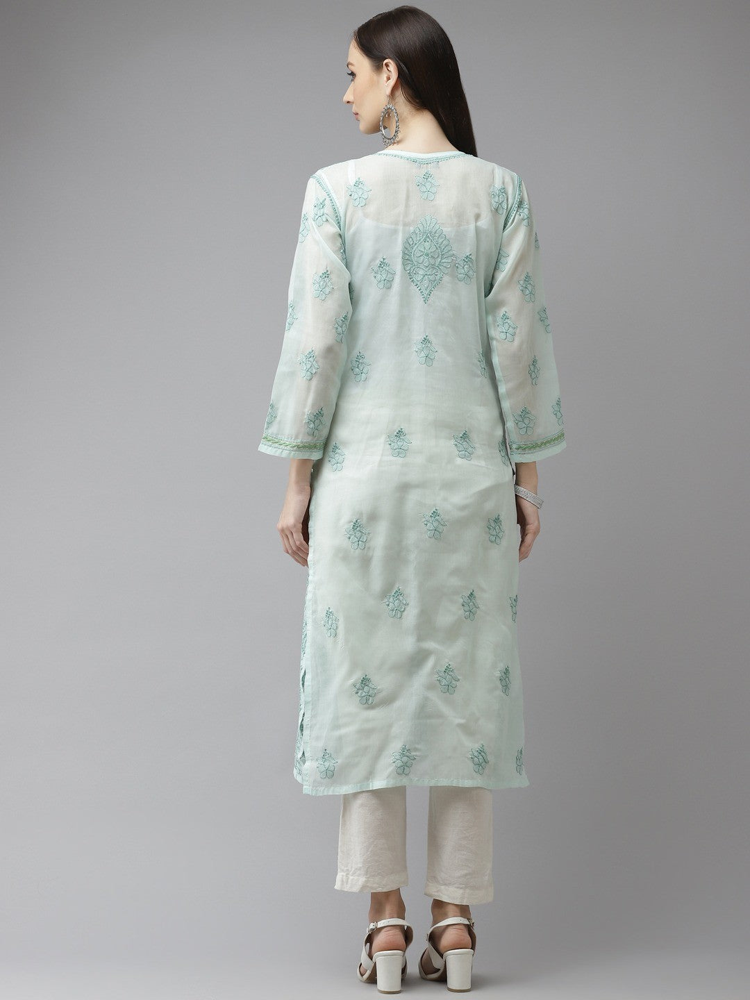 Ada Hand Embroidered Sea Green Cotton Lucknow Chikan Kurta A411319
