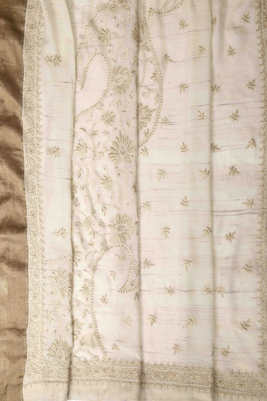 Ada Hand Embroidered Cream/Golden Khadi Silk Lucknowi Chikankari Saree With Blouse-A112451