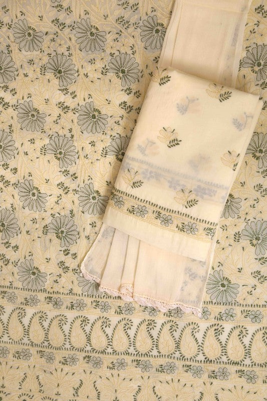 Ada Hand Embroidered Cream Cotton Lucknowi Chikan Unstitched Suit Piece- A100306