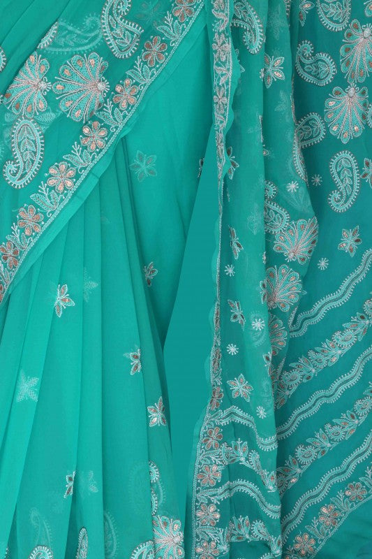 Ada Hand Embroidered Turquoise Blue Georgette Lucknowi Chikankari Saree/Blouse With Gota Patti Work A567451