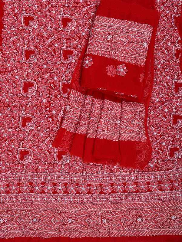 Ada Hand Embroidered Red Georgette Lucknowi Chikan Unstitched Suit Piece A491155