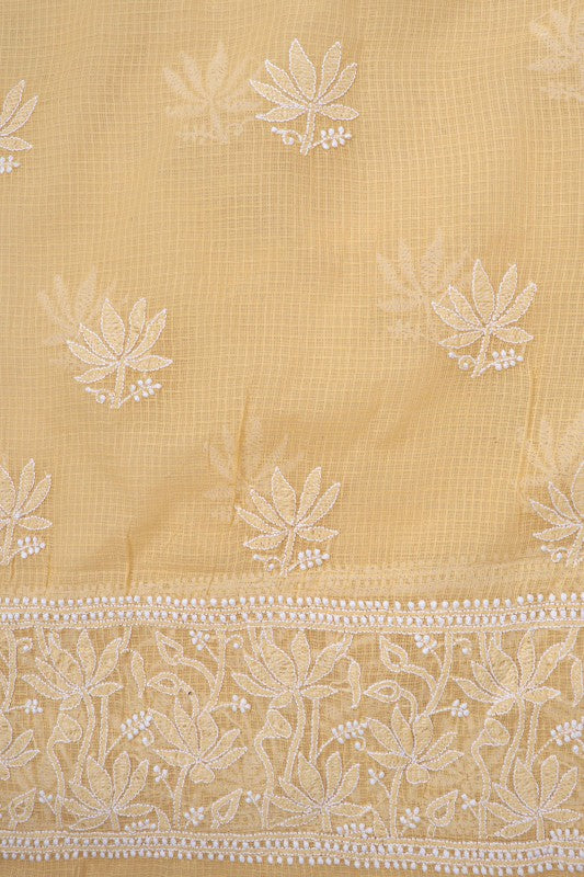 Ada Hand Embroidered Beige Kota Lucknowi Chikankari Unstitched Kurta Dupatta Set 01A160500