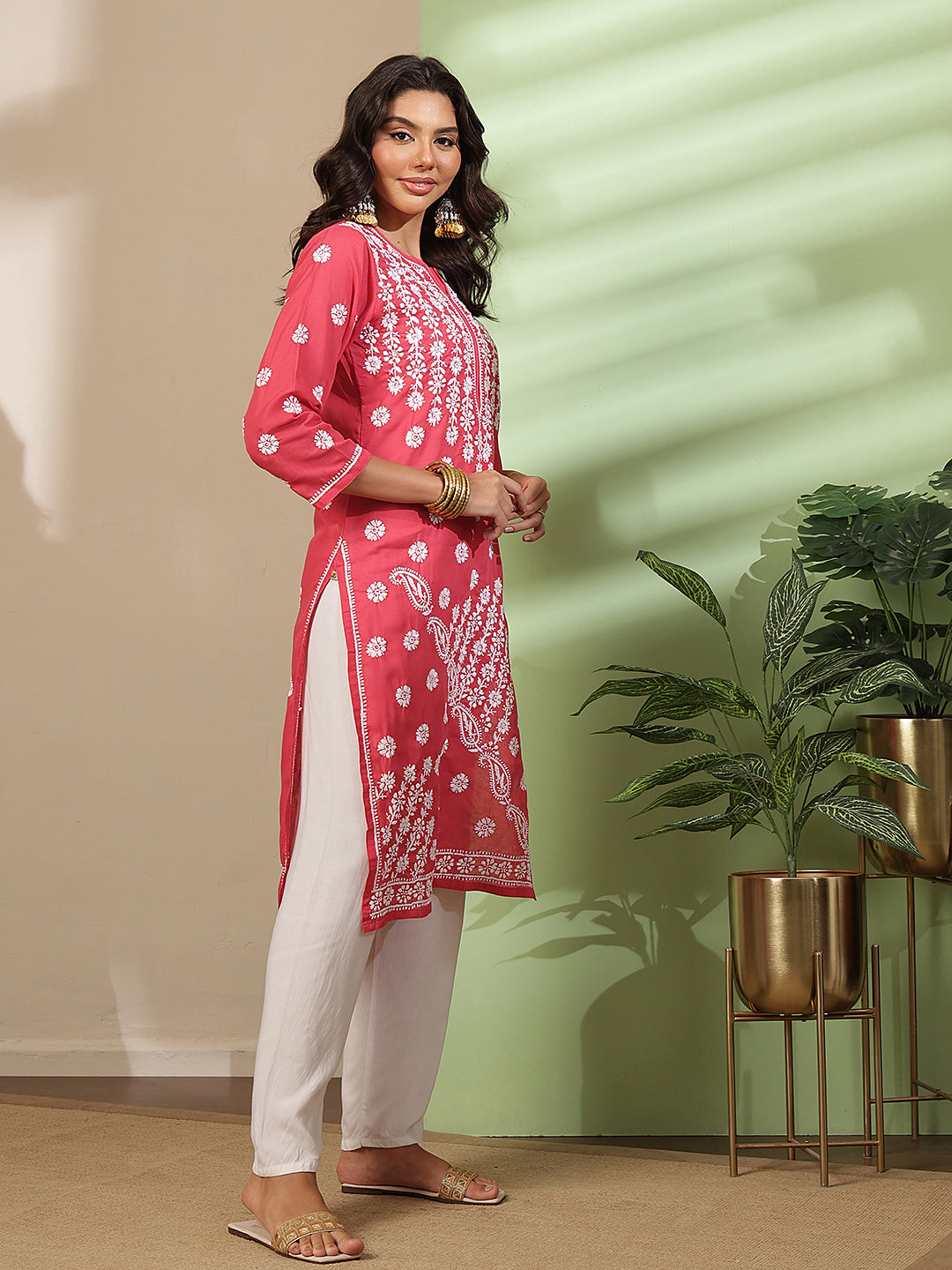 Ada Hand Embroidered Red Cotton Lucknowi Chikankari Straight Kurta A100294