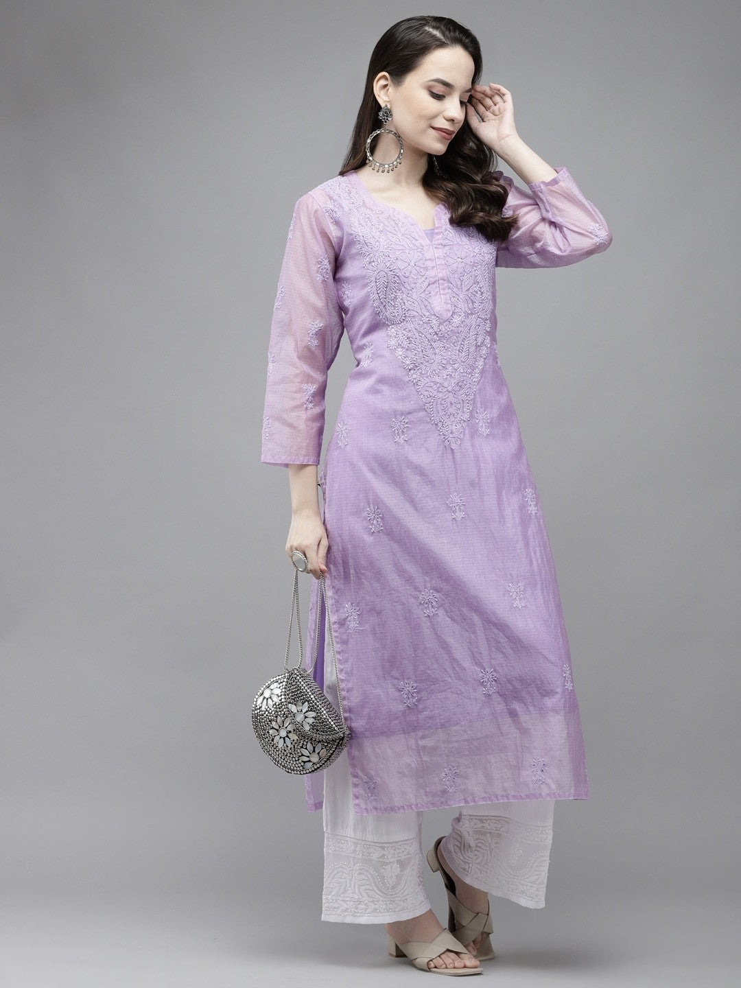 Ada Hand Embroidered Mauve Kota Lucknow Chikankari Kurta/Slip With Muqaish Work-A411290