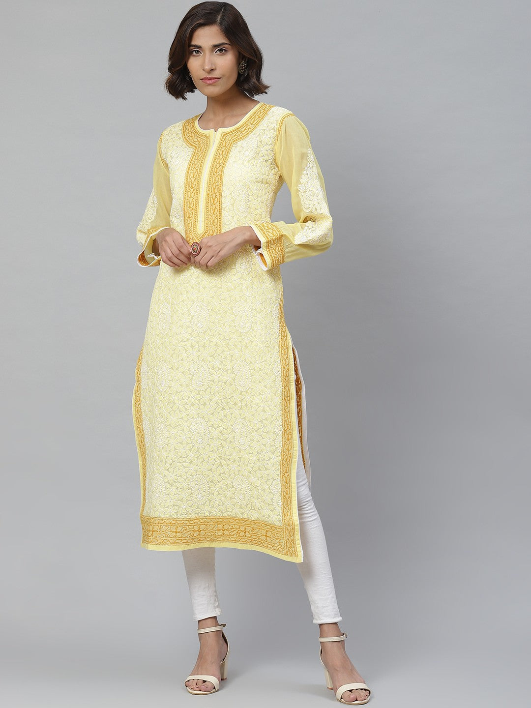 Ada Hand Embroidered Yellow Cotton Lucknowi Chikankari Straight Kurta A411134