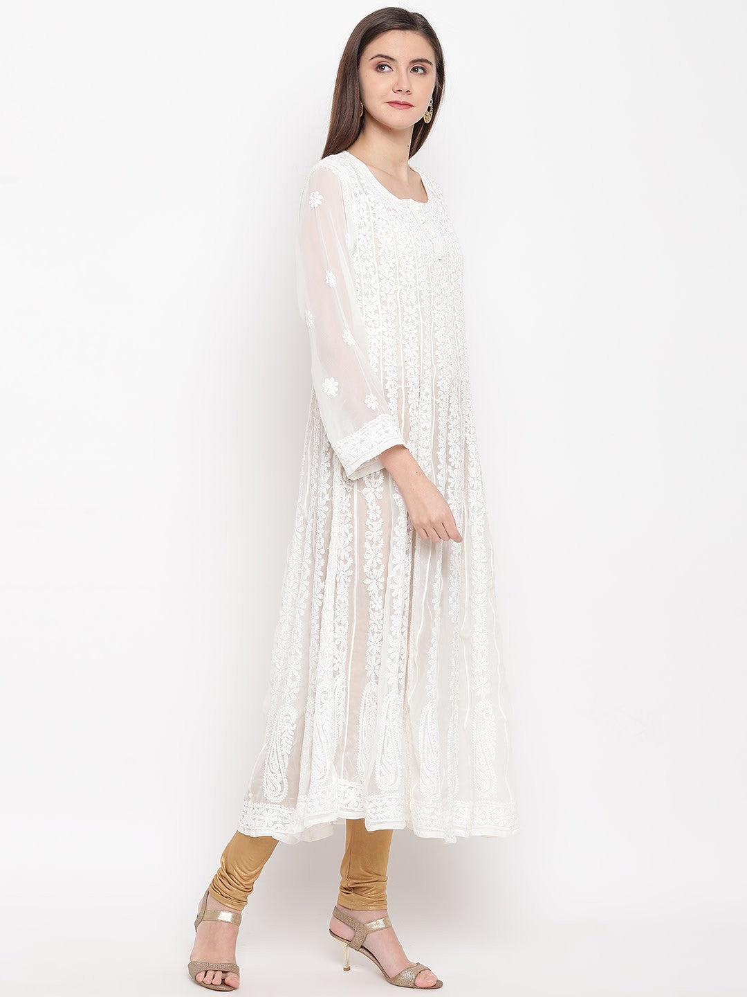 Ada Hand Embroidered White Georgette Lucknow Chikankari Anarkali A-Line Kurta A100300