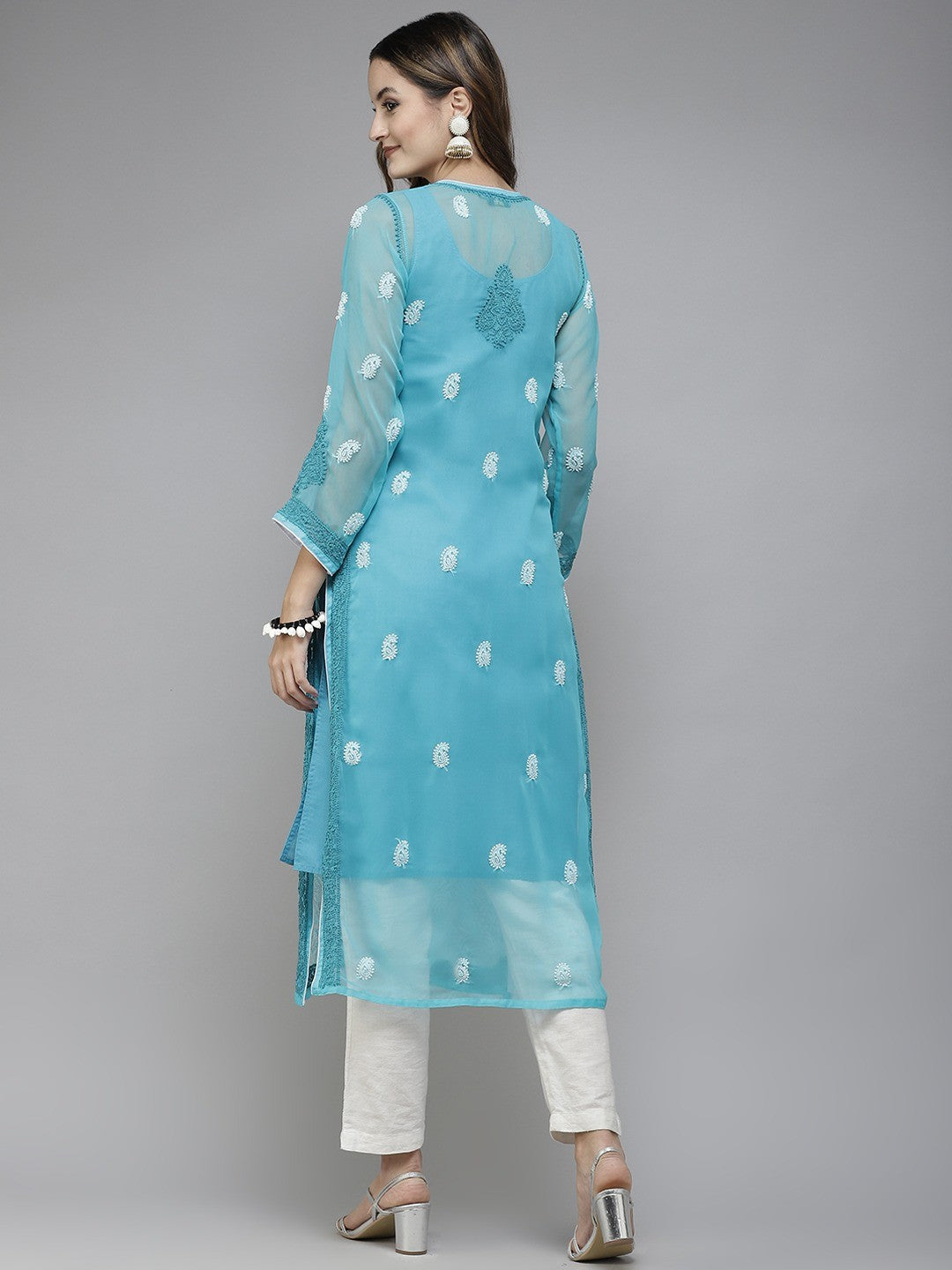Ada Hand Embroidered Turquoise Blue Georgette Lucknowi Chikankari Straight Kurta With Slip A225706