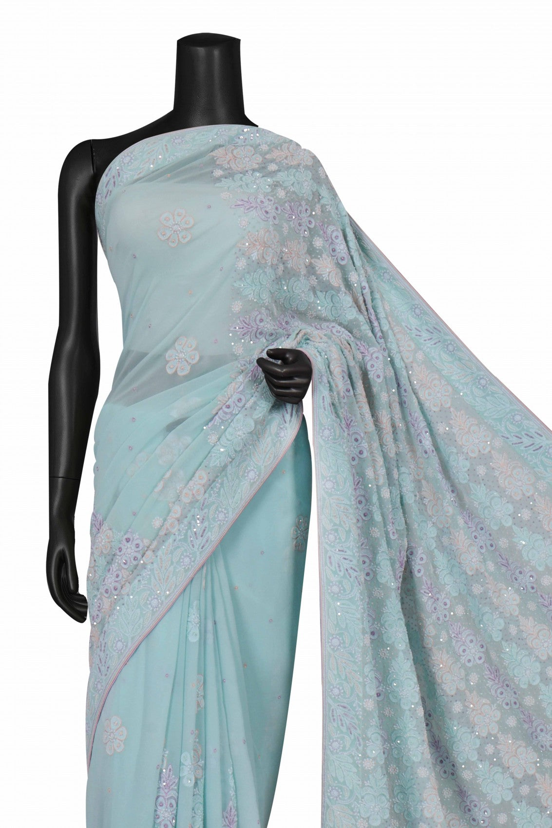Ada Hand Embroidered Mint Green Pure Georgette Lucknowi Chikankari Saree/Blouse With Pearl Work 01A160567