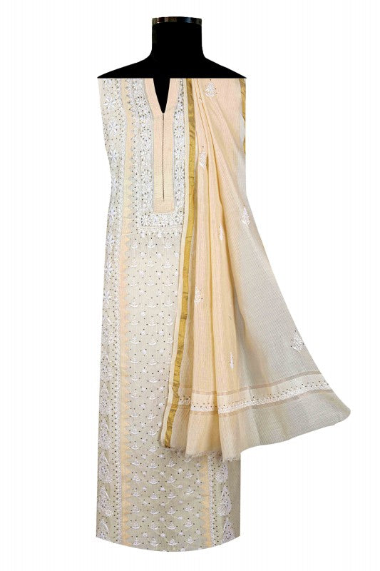 Ada Hand Embroidered Fawn Chanderi Lucknowi Chikan Unstitched Kurta Dupatta Set A145986