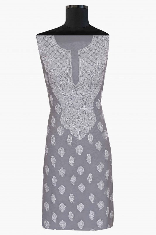 Ada Hand Embroidered Grey Georgette Lucknowi Chikan Unstitched Suit Piece with Muqaish Work A614631