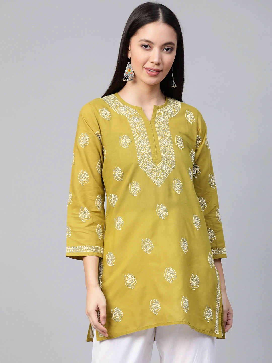 Ada Hand Embroidered Green Cotton Lucknowi Chikankari Short Kurti A210822