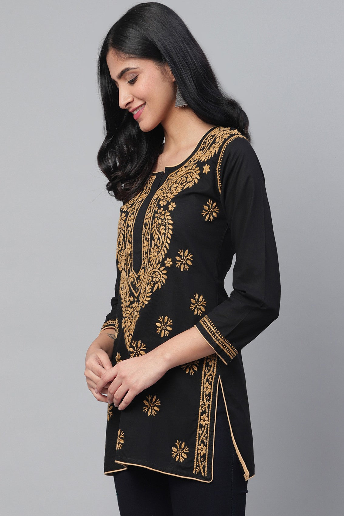 Ada Hand Embroidered Black Cotton Lucknowi Chikankari Straight Kurti A250295