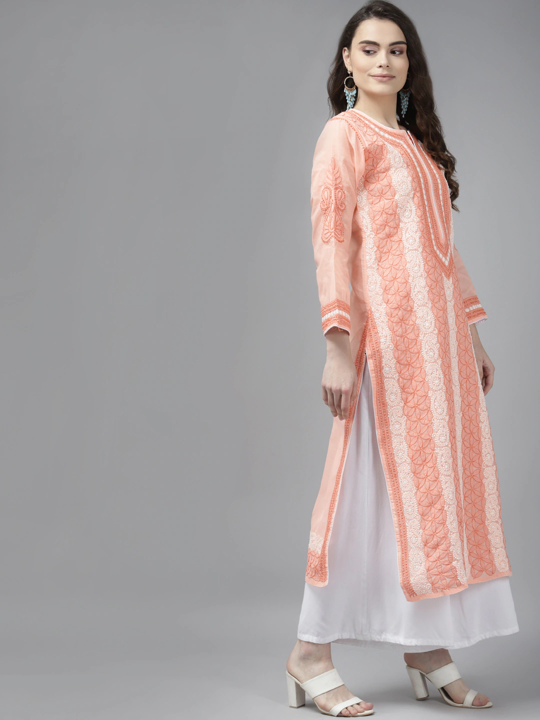 Ada Hand Embroidered Peach Cotton Lucknowi ChikanKari Kurta A411257