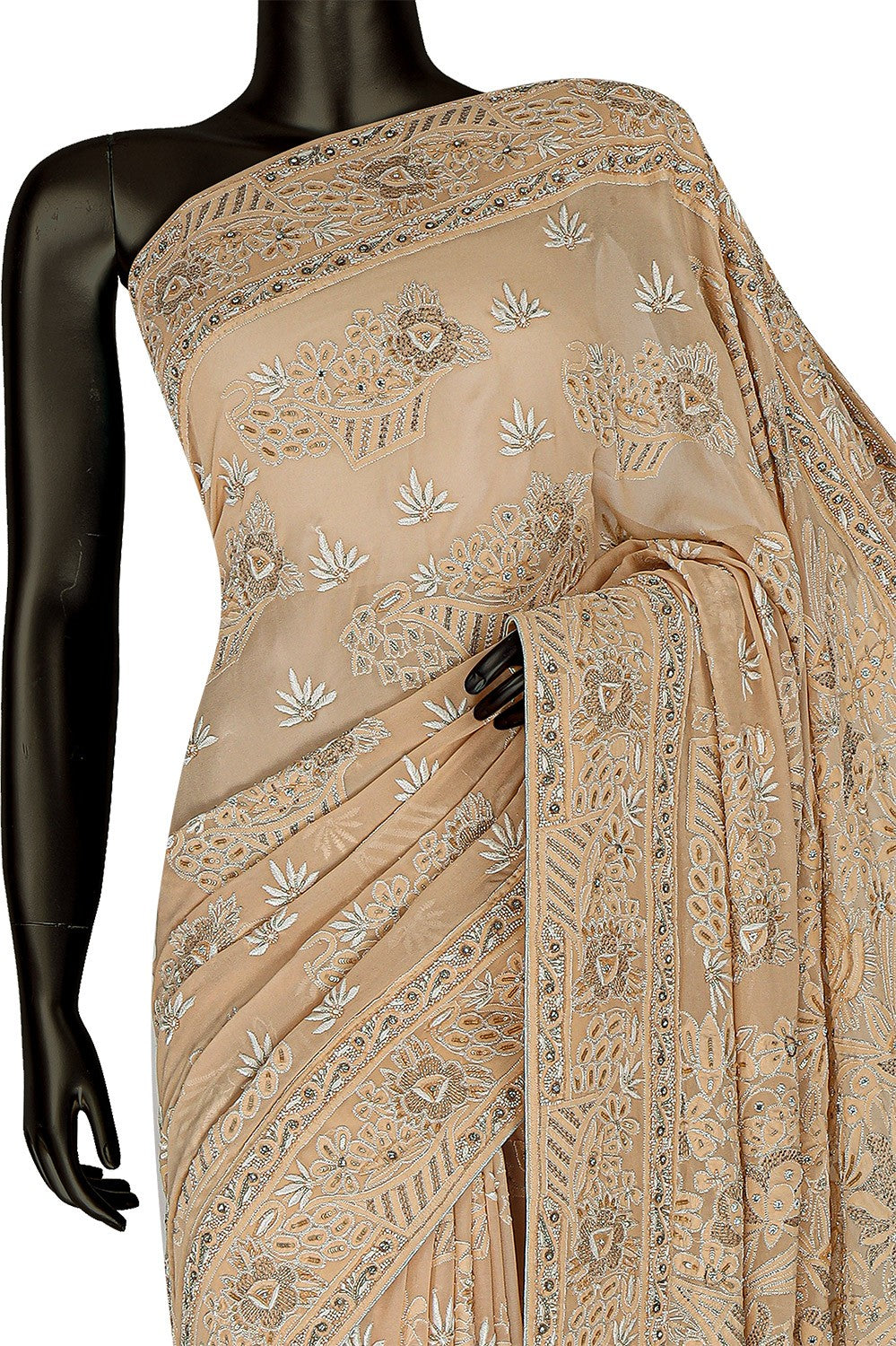 Ada Hand Embroidered Fawn Pure Georgette Lucknowi Chikankari Saree /Blouse With Pearl and Sequinned Work- A163658