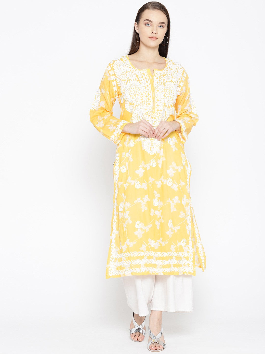 Ada Hand Embroidered Yellow Cotton Lucknowi Chikankari Straight Kurta A100111