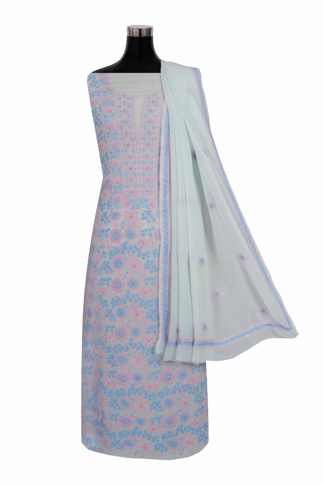 Ada Hand Embroidered Sage Green Pure Georgette Chikan Unstitched Kurta Dupatta Set A222168