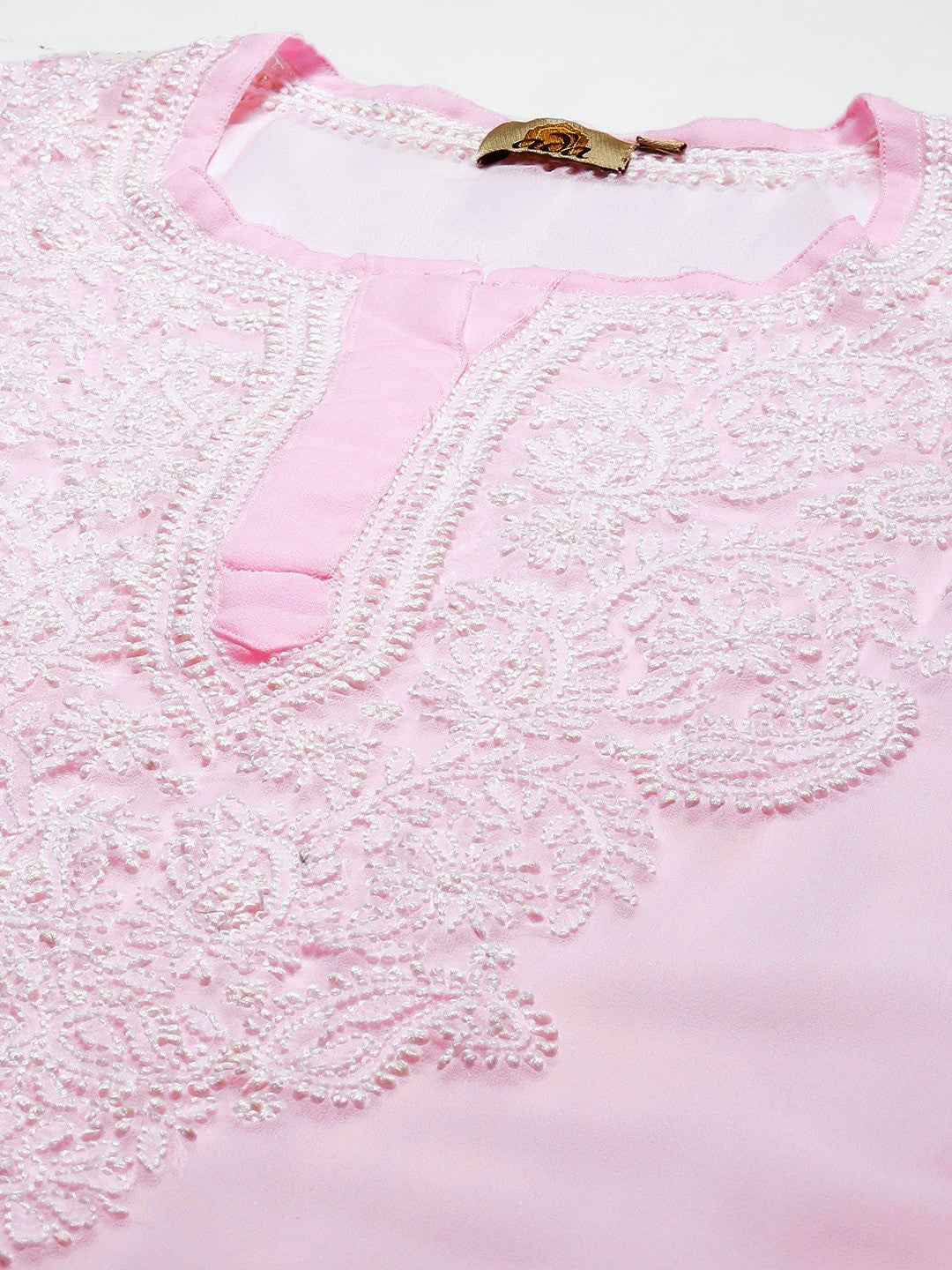 Ada Hand Embroidered Baby Pink Georgette Lucknow Chikan Kurta with Slip A411364