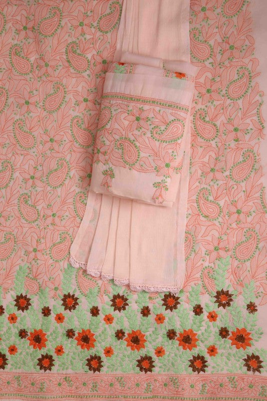 Ada Hand Embroidered Peach Cotton Lucknowi Chikan Unstitched Suit Piece-A100162
