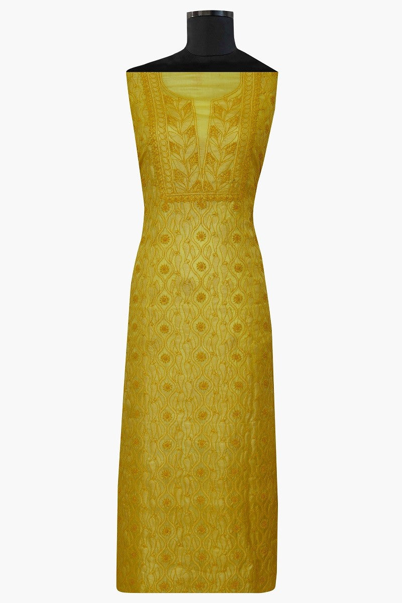 Ada Hand Embroidered Butter Yellow Tusser Silk Chikan Unstitched Kurta Piece A584789