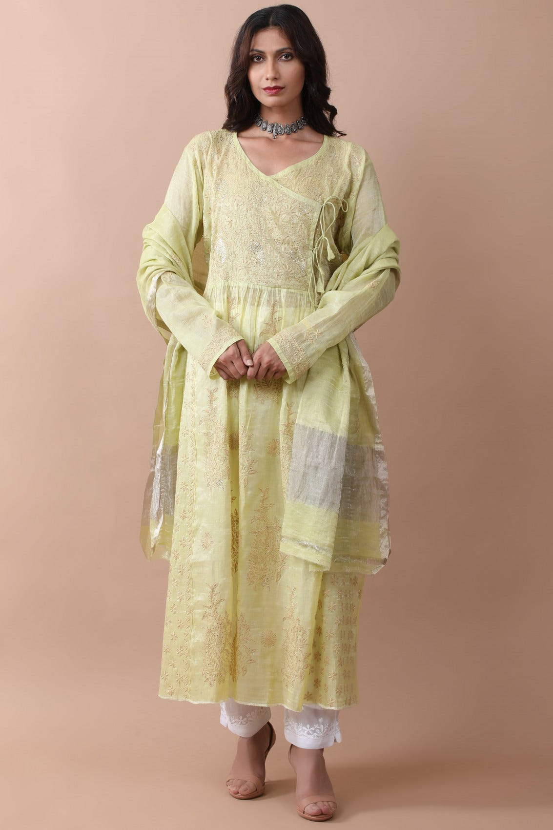 Ada Hand Embroidered Lime Green Tissue Lucknowi Chikankari Semi-stitched Kurta Dupatta Set With Muqaish Work 01A238364