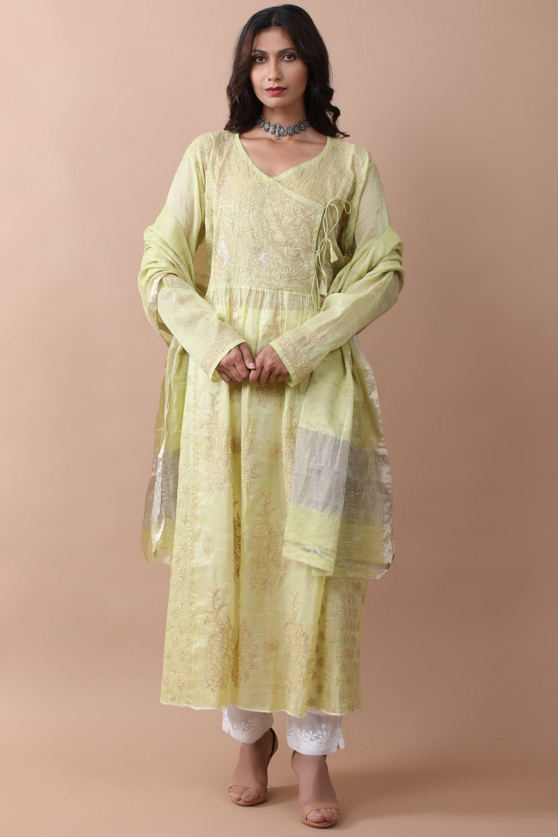 Ada Hand Embroidered Lime Green Tissue Lucknowi Chikankari Semi-stitched Kurta Dupatta Set With Muqaish Work 01A238364