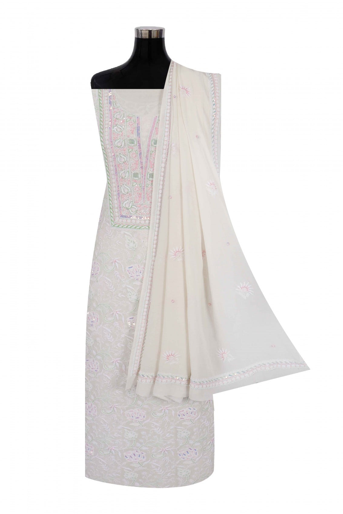 Ada Hand Embroidered White Pure Georgette Lucknowi Chikankari Unstitched Kurta Dupatta Set With Pearl Work A621851