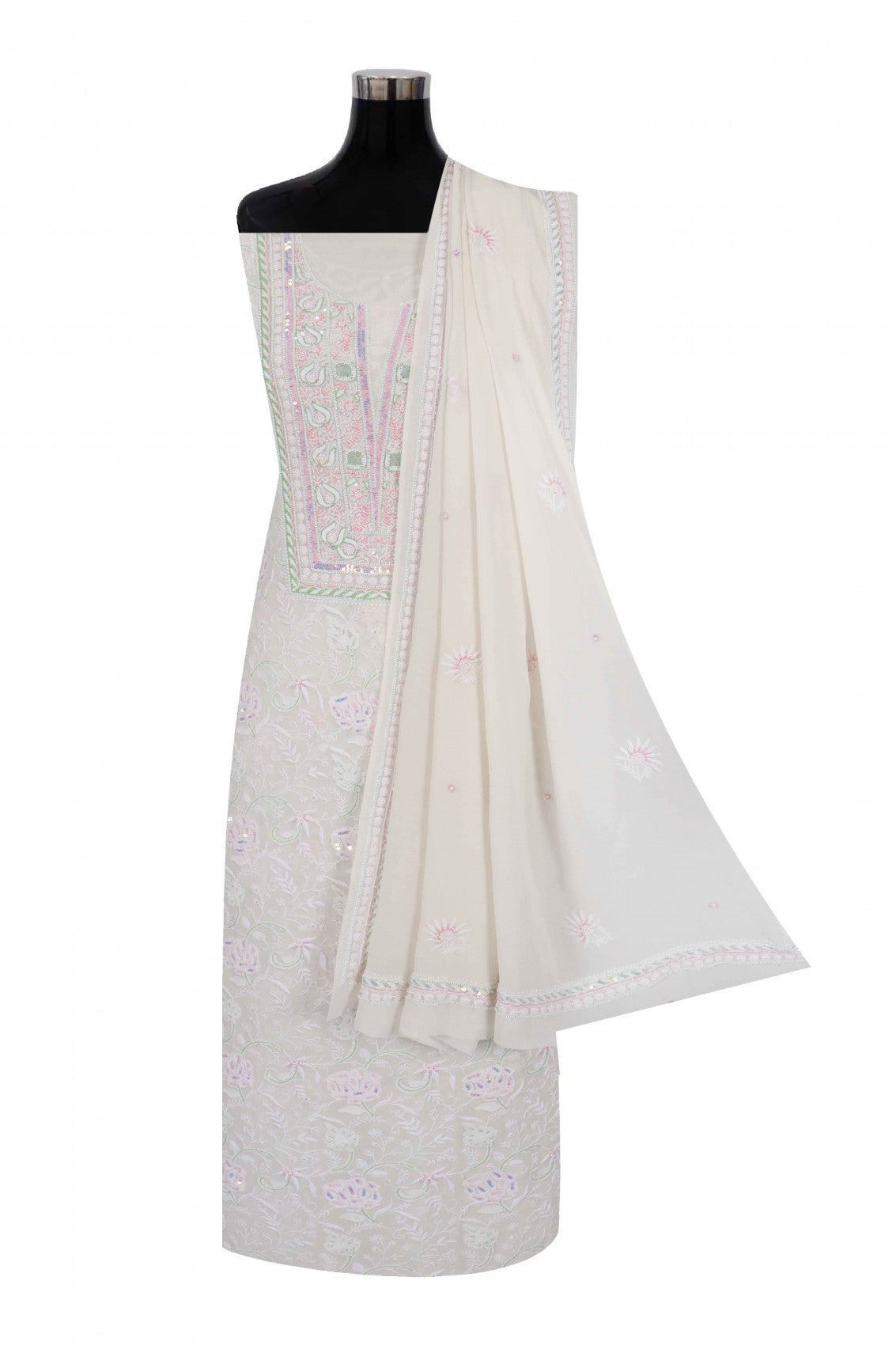 Ada Hand Embroidered White Pure Georgette Lucknowi Chikankari Unstitched Kurta Dupatta Set With Pearl Work A621851