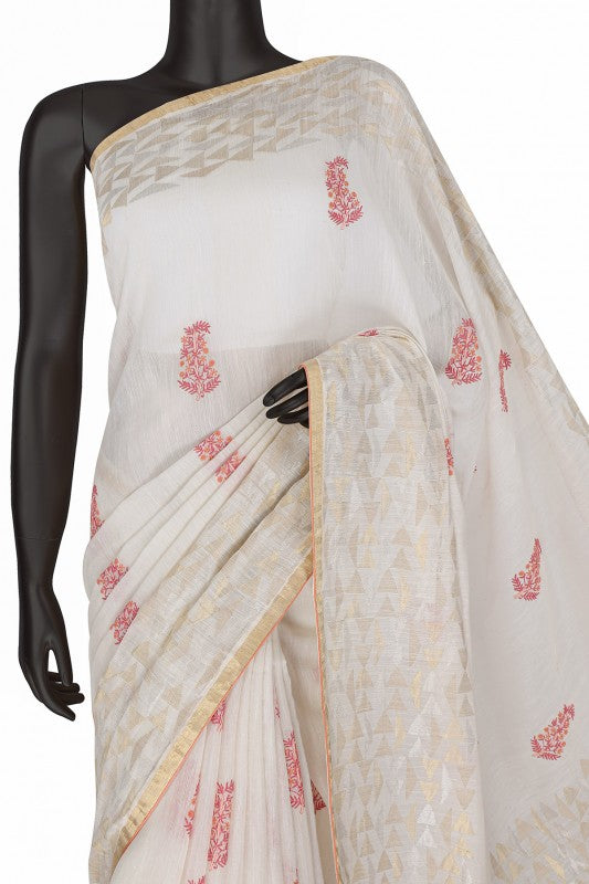 Ada Hand Embroidered Cream Chanderi Lucknowi Chikankari Saree With Blouse A103419