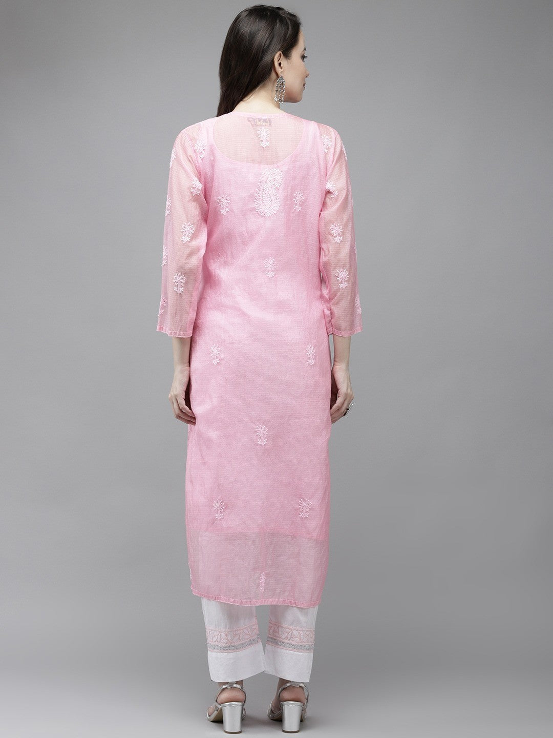 Ada Hand Embroidered Pink Kota Lucknow Chikankari Kurta/Slip With Muqaish Work-A411291