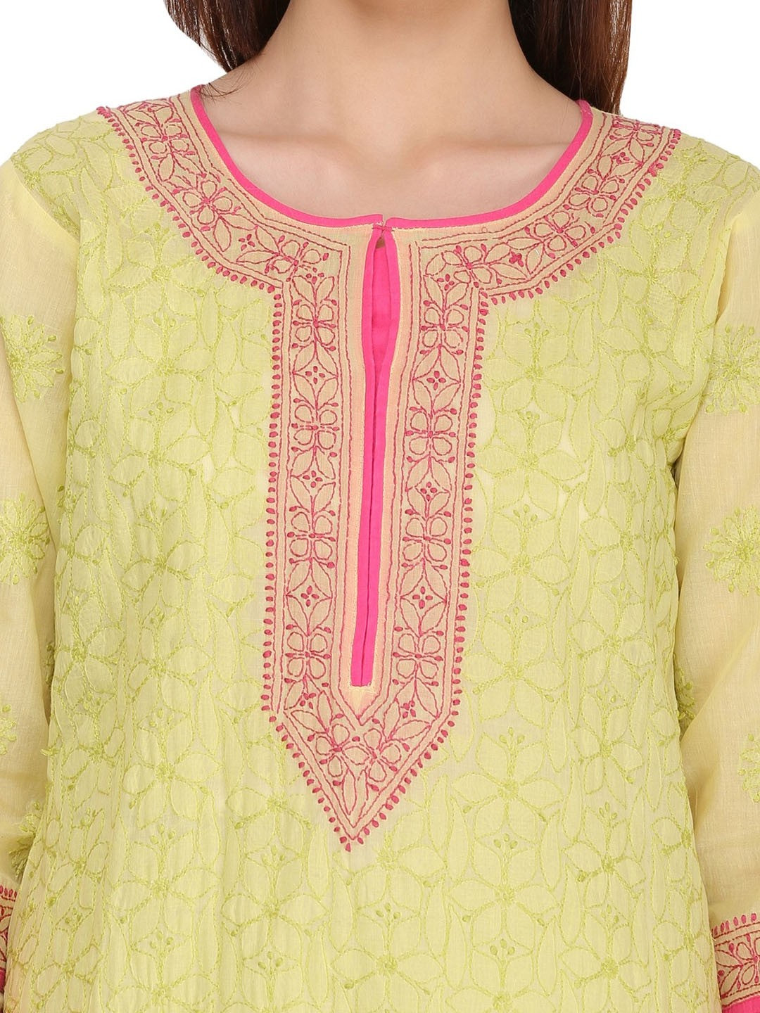 Ada Hand Embroidered Green Cotton Lucknow Chikan straight Kurta A273418