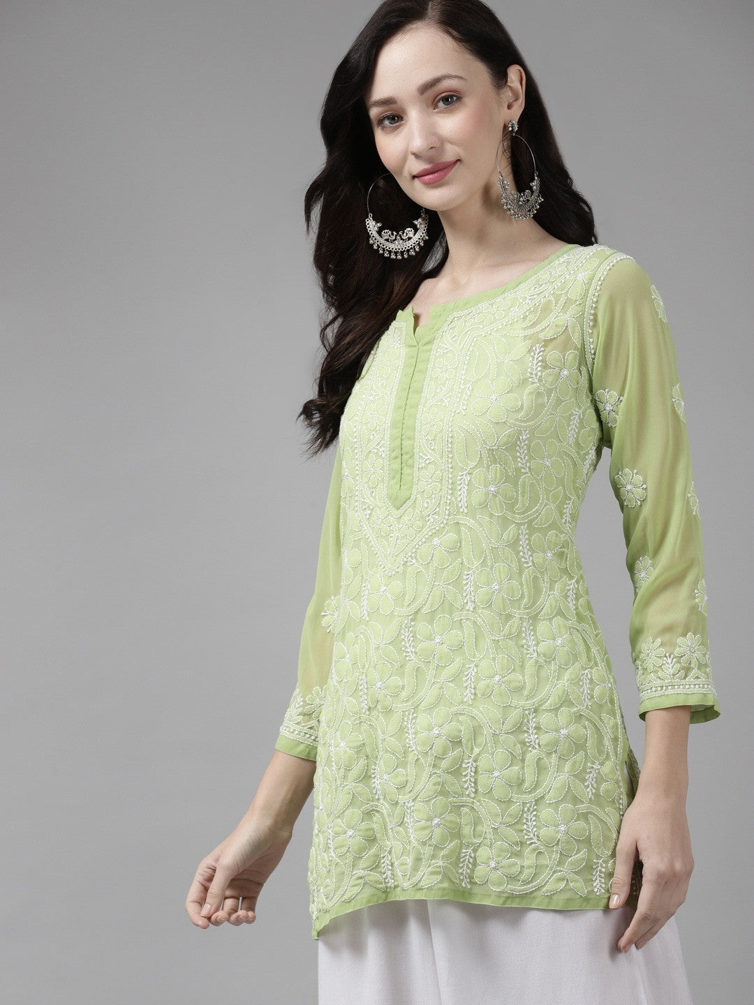 Ada Hand Embroidered Green Georgette Lucknow Chikan Kurti A911154