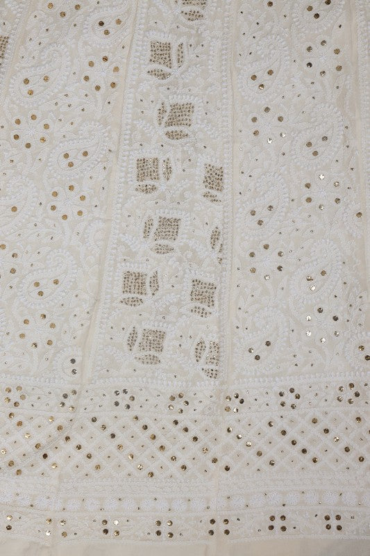 Ada Hand Embroidered White Pure Georgette Lucknowi Chikankari Semi-stitched Anarkali Kurta Dupatta Set With Muqaish Work- A597777
