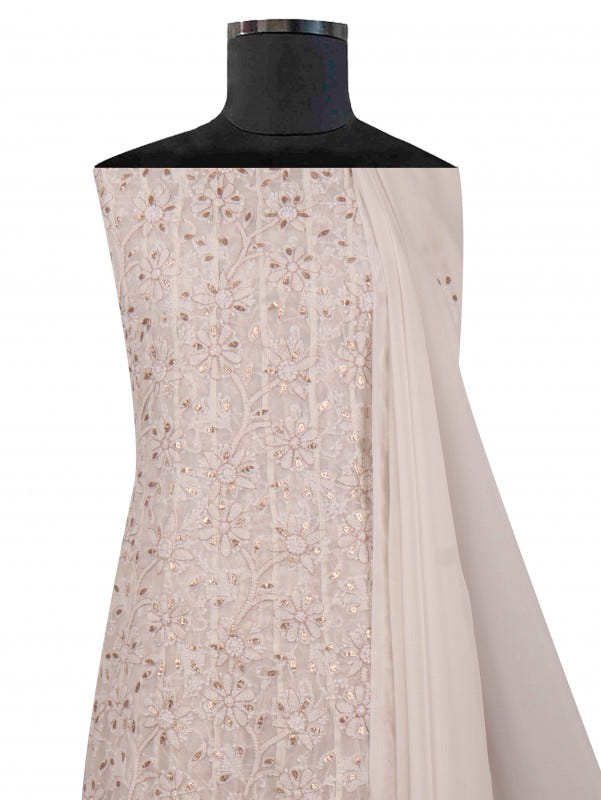 Ada Hand Embroidered White Georgette Lucknowi Chikan Unstitched Anarkali Set with Gota Patti Work A376108