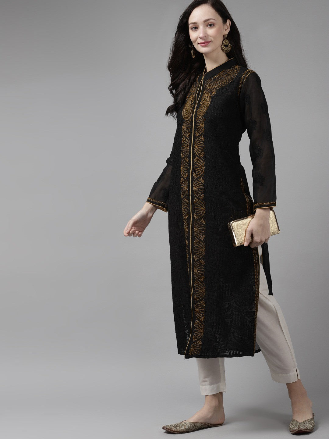 Ada Hand Embroidered Black Cotton Lucknow Chikan Kurta A230739
