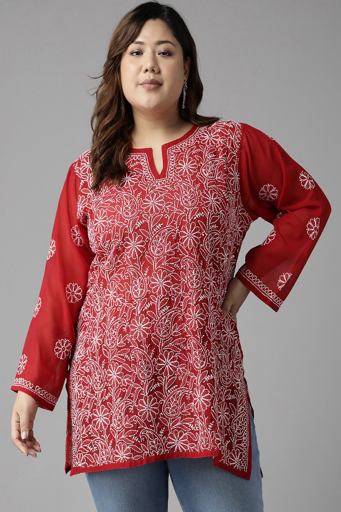 Ada Hand Embroidered Red Georgette Lucknowi Chikankari Straight Kurti A911230