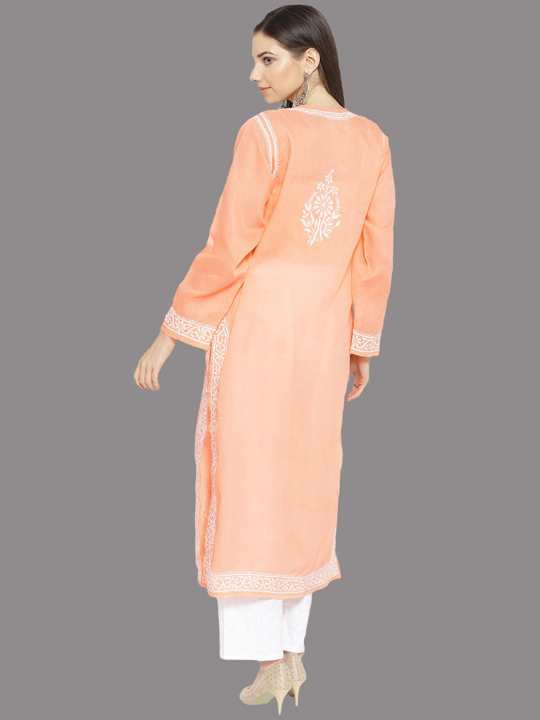 Ada Hand Embroidered Peach Cotton Lucknowi Chikankari Kurta Set A100127