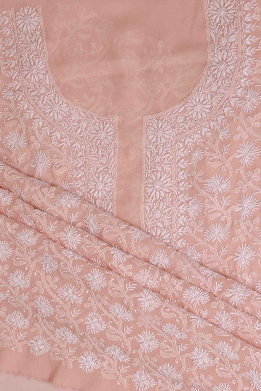 Ada Hand Embroidered Peach Pure Georgette Lucknowi Chikankari Unstitched Kurta Piece A21478