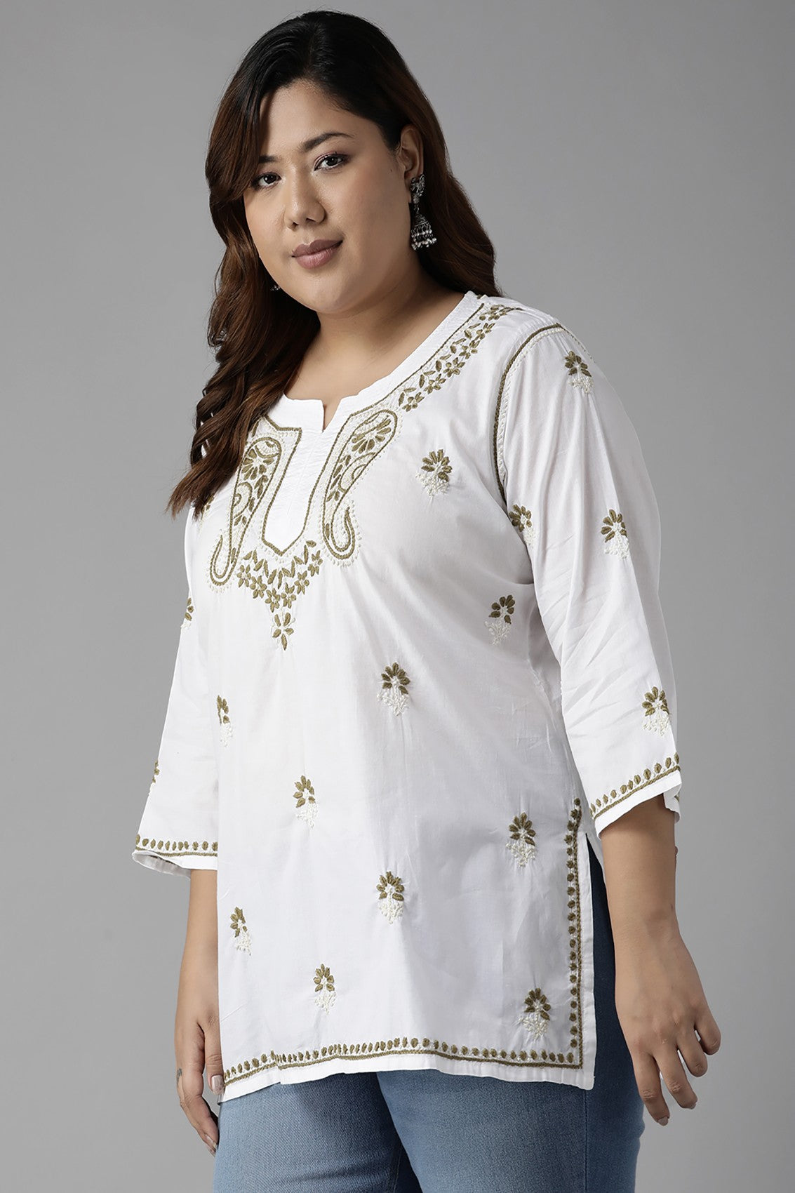 Ada Hand Embroidered White Cotton Lucknowi Chikankari Short Kurti A911223